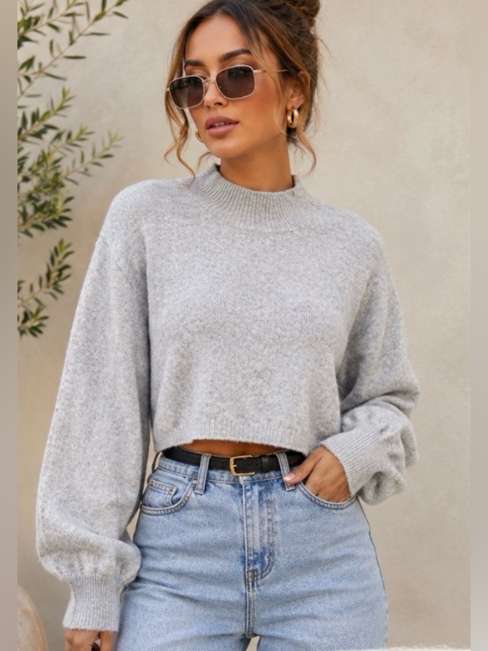 PrettyLittleThing Gray Cropped Tie Back Sweater Medium Mock Neck Balloon Sleeve